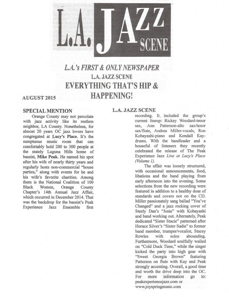 L. A. JAZZ SCENE AUGUST 2015